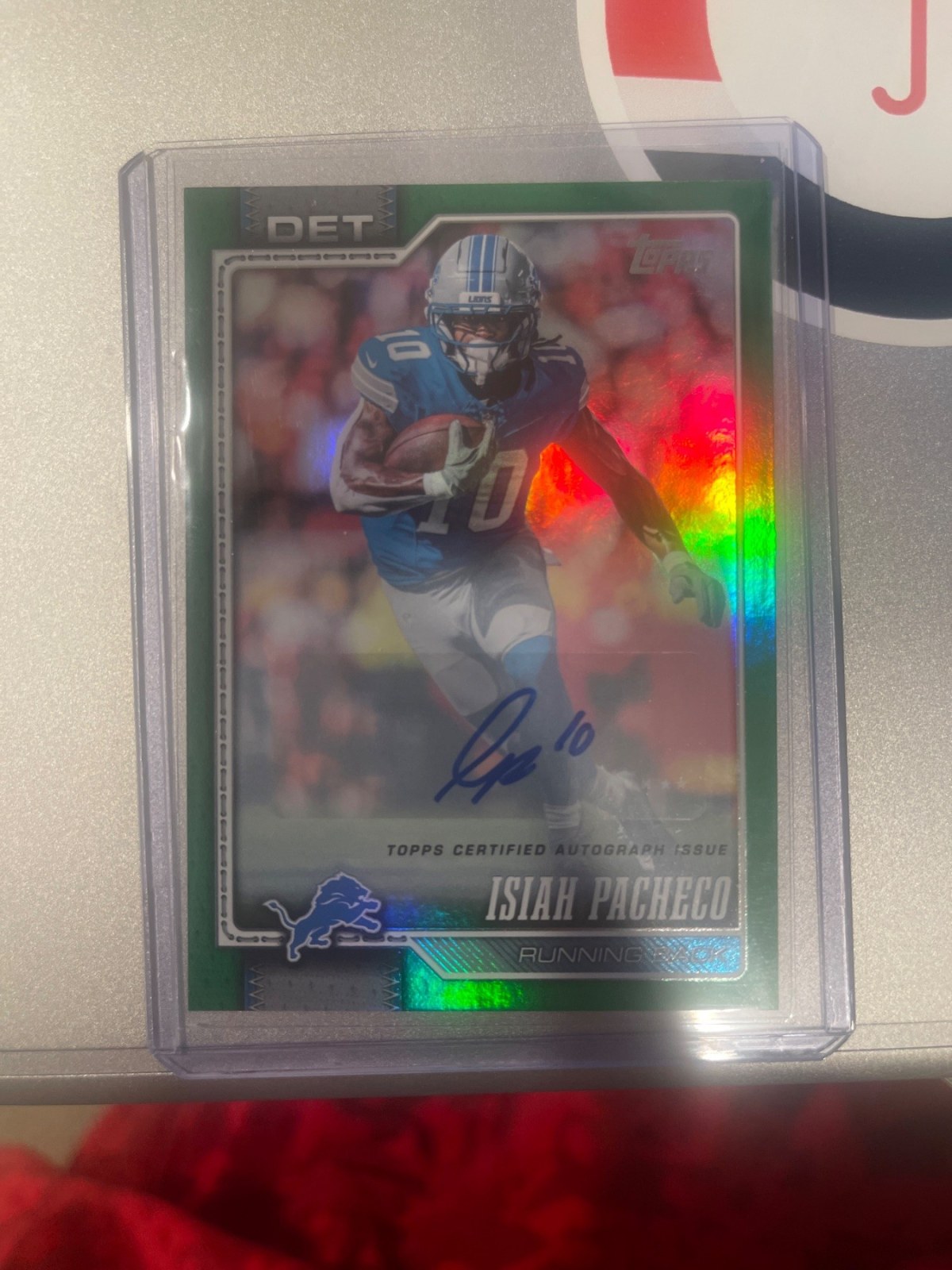 Reference image of Isiah Pacheco 2024 Topps NFL Green Refractor