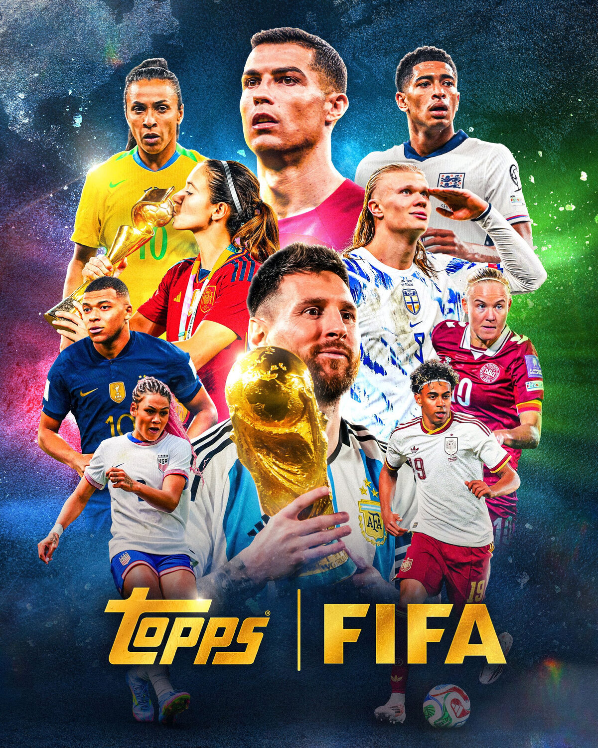 Topps × FIFA official announcement artwork featuring Messi, Cristiano Ronaldo, Bellingham, Mbappé, Haaland and the FIFA World Cup trophy